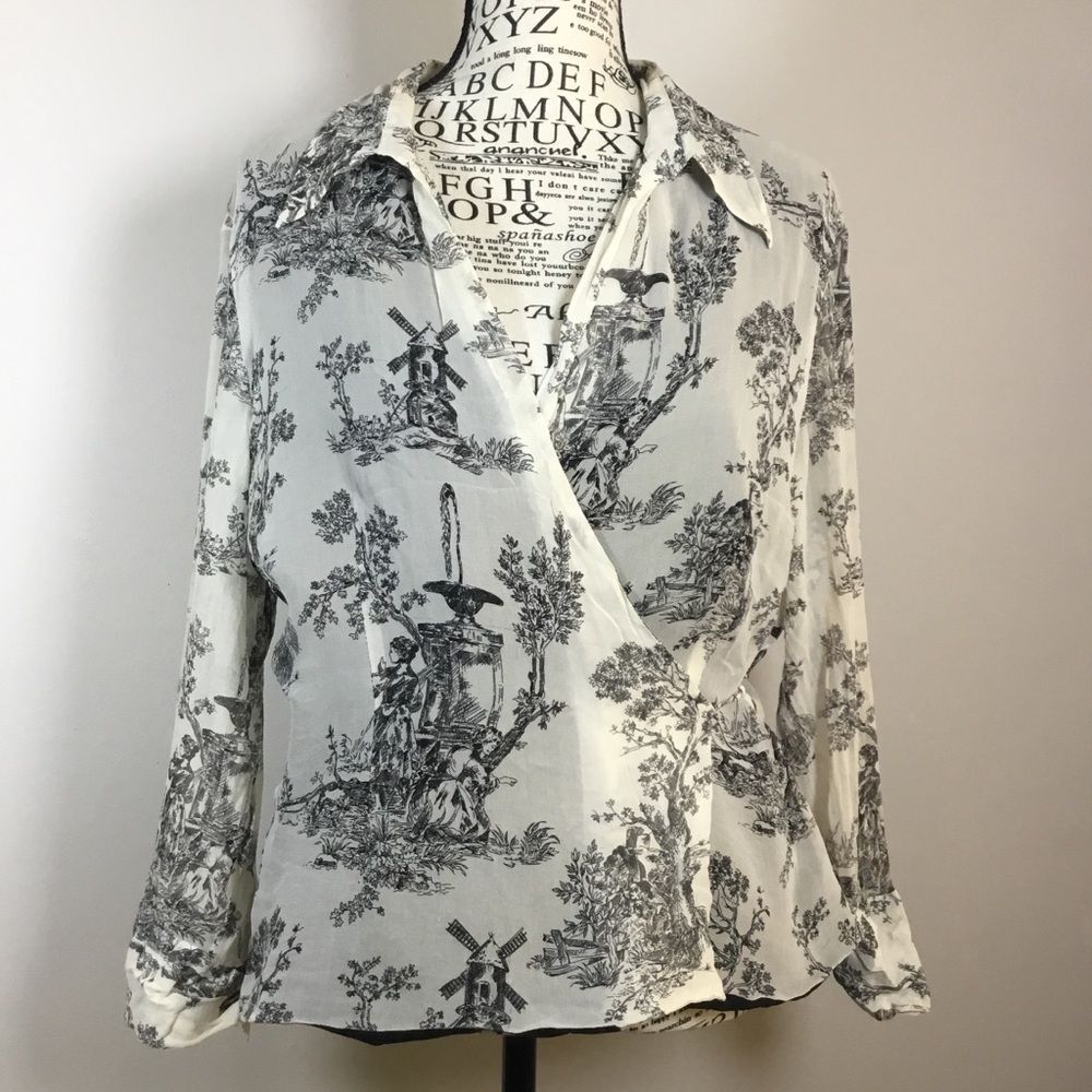 Ice European countryside 100% silk wrap long sleeve floaty blouse satin liner XL